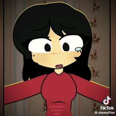 an animated image of a woman with long black hair wearing a red shirt and holding her arms out