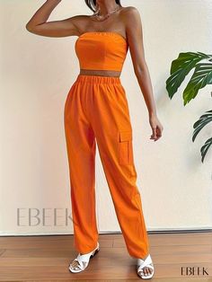 Ebeek - Chic Solid Two-Piece Set: Sleeveless Tube Crop Top and Pocket Elastic Waist Pants Ensemble - Womens Fashion Attire Casual Sleeveless Sets With Elastic Waistband, Trendy Solid Color Sleeveless Sets, Casual Sleeveless Sets With Pockets, Casual Orange Sleeveless Sets, Orange Fitted Sleeveless Sets, Fitted Sleeveless Orange Set, Orange Sleeveless Summer Sets, Sleeveless Orange Sets For Summer, Sleeveless Orange Summer Sets