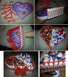 four pictures show how to make a valentine's day heart shaped box with candy