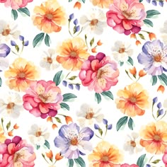 watercolor flowers on white background with green leaves and purple, pink, orange, yellow and red flowers