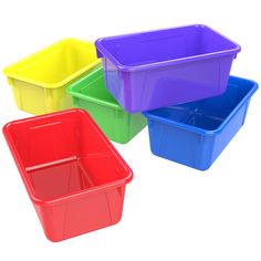 four different colored plastic containers sitting next to each other