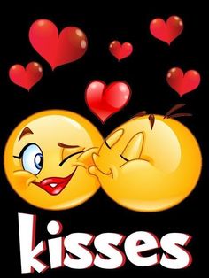 two smiley faces kissing with hearts floating above them and the words kisses written below it