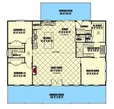 the first floor plan for a home with two master suites and an attached pool area