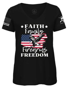 "Family Faith Firearms Freedom 4th of July Patriotic American flag T-shirt  EA(56789) Made with 100% ring-spun combed cotton for a premium look and feel.  It's contemporary and fashionable cuts look flawless and the ribbed neckband, shoulder taping & double-needle stitch add up to the look. 4.5 oz./yd² (US) 7.5 oz./L yd (CA), 100% ring spun cotton, 30 singles Modern classic fit High stitch density for smoother printing surface 3/4\" rib collar Taped neck and shoulders Double-needle sleeve and bo Eagle American Flag, Eagle American, American Flag Tshirt, Flag Tshirt, Shirt Ideas, Shoulder Taping, Modern Classic, Combed Cotton, American Flag