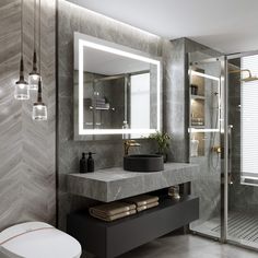 a bathroom with a sink, mirror and shower stall in it's own area