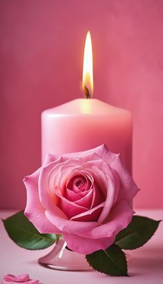 a single pink rose sitting next to a lit candle