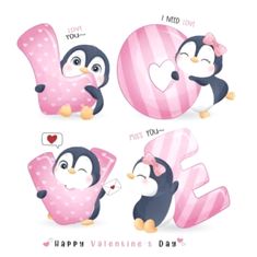 cartoon penguins with letters and hearts for valentine's day