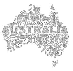 the word australia written in doodle style with animals and other things surrounding it on a white background