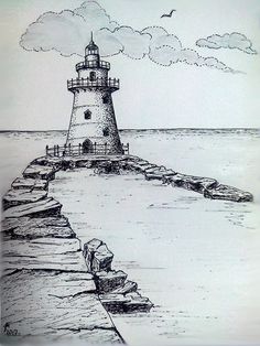 a drawing of a lighthouse on the water