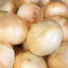 onions are piled up in a bowl on the table