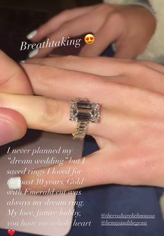 a woman's hand with a ring on top of her finger and the words, i never planned my dream wedding but i saved things i loved for last 10 years gold