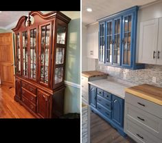 two pictures side by side one has blue cabinets and the other has wood floors