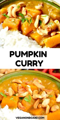 pumpkin curry with cashews and white rice in a green bowl