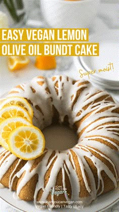 an easy vegan lemon olive oil bundt cake on a plate with oranges