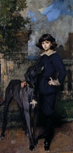 a painting of a woman with a dog in front of a wall and trees on the other side