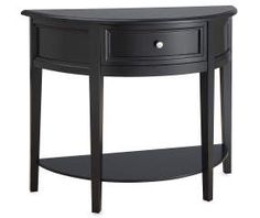 a black console table with two drawers on one side and an open drawer on the other