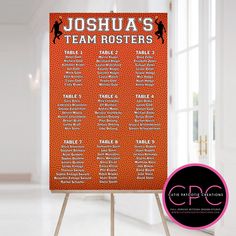 an orange and white basketball themed seating chart with the names of each team members on it