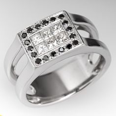 This unique ring features six (6) invisible set, princess cut diamonds. The center is surrounded by eighteen (18) round brilliant cut black diamonds in bead settings. The ring measures 9.4mm at the top, rises 3.0mm above the finger, tapering to 7.5mm wide and 1.4mm thick at the base of the shank. The ring is currently a size 7 and we offer complimentary sizing to fit. Modern Diamond Ring With Black Diamonds, Modern Black Diamond Ring For Formal Occasions, Wide Band Ring, Ring Ideas, Wide Band Rings, Amethyst Jewelry, Men Diamond Ring, Black Diamonds, Unique Ring