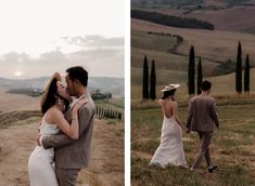 a bride and groom are walking through the countryside at sunset or sunrise, with rolling hills in the background