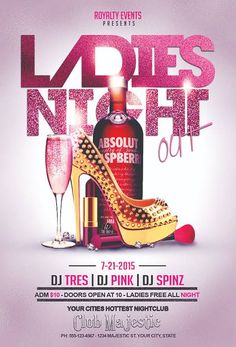 an advertisement for ladies night out with high heel shoes, champagne and lipstick on purple background