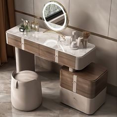 a bathroom vanity with two stools and a mirror