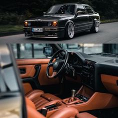 the interior and dashboard of a car with brown leather upholstered seats, in two different views