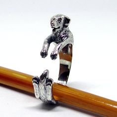 a silver dog ring sitting on top of a wooden stick