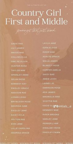 L Middle Names, Country Kid Names, Country Baby Names First And Middle, Middle Names For Girls List, Rare Beautiful Names, Country Baby Girl Names, Country Girl Names, Cute Middle Names, Western Baby Names