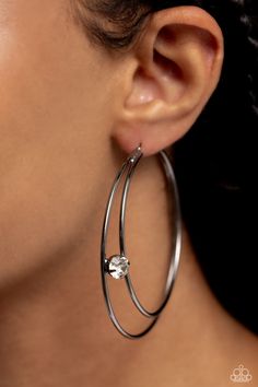 Lodged between two dainty gunmetal crescent frames that curve into double hoops, a faceted white rhinestone rests for a delicate shimmer near the ear. Earring attaches to a standard post fitting. Hoop measures approximately 2" in diameter. Sold as one pair of hoop earrings. Cheap Metal Hoop Crystal Earrings, Cheap Elegant Hoop Earrings With Rhinestones, Cheap Rhinestone Hoop Earrings, Cheap Rhinestone Crystal Hoop Earrings, Cheap Silver Bling Hoop Earrings, Cheap Bling Silver Hoop Earrings, Cheap Bling Hoop Jewelry, Orange Ring, Gray Ring