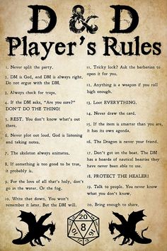 an old poster with the words d & d player's rules