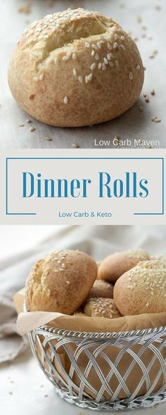 bread rolls with sesame seeds in a basket and on the table next to it is an advertisement for dinner rolls low carb & keto