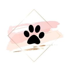 a pink and white background with a black dog paw print on the bottom right corner