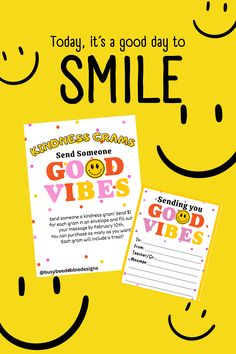 a yellow poster with smiley faces and the words smile, it's a good day to