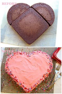 two photos one has a heart shaped cake and the other has sprinkles on it