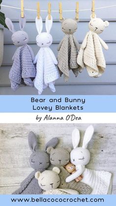 three crocheted stuffed animals are hanging on clothes pins with the words bear and bunny lovey blankets written below them