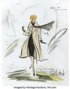 a drawing of a woman in a trench coat and black dress walking down the street