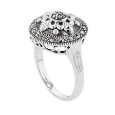 Adorned with marcasite gemstones, this Lavish by TJM floral ring is an elegant accessory that complements any outfit. Adorned with marcasite gemstones, this Lavish by TJM floral ring is an elegant accessory that complements any outfit. Nickel free Metal: sterling silver Packaging: boxed Plating: rhodium Width: 20.57 mm Finish: oxidizedSTONE DETAILS Stone type: marcasite Total weight: 1/8 ct. Center stone size: 1.10 mm Shape: round Setting: micro pave Gemstones may have been treated to enhance th Vintage Marcasite Ring Stamped 925, Silver Marcasite Ring With Gemstone, Silver Marcasite Ring, Silver Marcasite Jewelry With Gemstone, Vintage Marcasite Jewelry, Sterling Silver Marcasite, Elegant Accessories, Micro Pave, Floral Rings