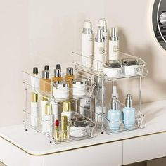 a white counter top topped with lots of beauty products