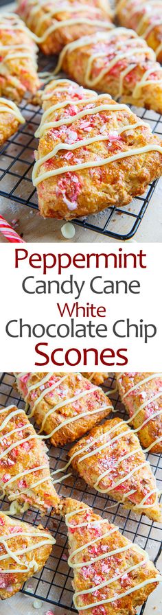 peppermint candy cane white chocolate chip scones on a cooling rack with text overlay