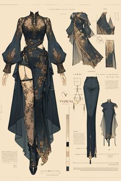 the design for an evening gown with long sleeves and high slits, is shown in blue