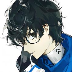 an anime character with black hair and glasses on his face, looking to the side