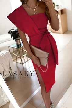 Lasaky - Stylish Short-Sleeved Fitted Evening Gown in Solid Colors Thigh Belt, Midi Dress Outfit, Solid Midi Dress, Pencil Skirt Dress, Looks Party, Party Kleidung, Festival Looks, Outfit Casual, Pencil Dress