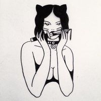 a black and white drawing of a woman with cat ears on her head holding a cell phone to her face