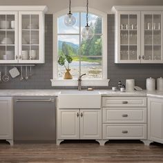 a kitchen with white cabinets and gray tile backsplash, an open window over the dishwasher