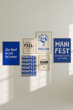 Blue positive prints and uplifting quote posters to form gallery wall. Manifestation and manifesting prints. retro prints that reads trust in the universe Wall Inspo Bedroom, Living Room Wall Art Ideas, Blue Gallery Wall, Blue Kitchen Interior, Manifest Poster, Room Wall Art Ideas, Art Affirmations, Wall Art Dining Room, Wall Art Dining