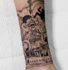 a person with a tattoo on their foot that says monkey d $ 3, 000