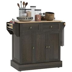 a kitchen island with wooden top and drawers on the bottom, in front of a white background