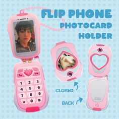 a pink flip phone with pictures on the front and back, attached to a cellphone holder