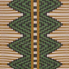 an abstract pattern made up of woven strips and lines in green, yellow and brown colors