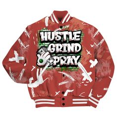 Brand Dunkare Dune Red 13s Shirt Hustle Grind Pray Retro All Over Print Baseball Varsity Jacket Hustle And Grind, Baseball Varsity Jacket, All Over Print, Varsity Jacket, Baseball, Red, Quick Saves